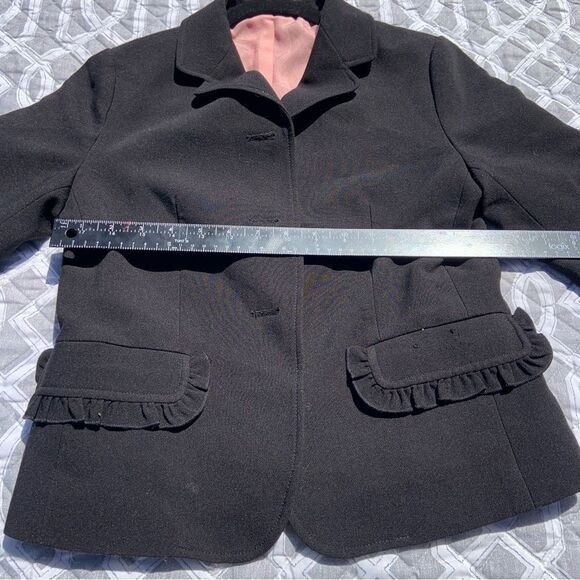 Sz 36 Small Silk Black Pink Cream Ruffle with Gold Pearl Button Blazer - Picture 2 of 10